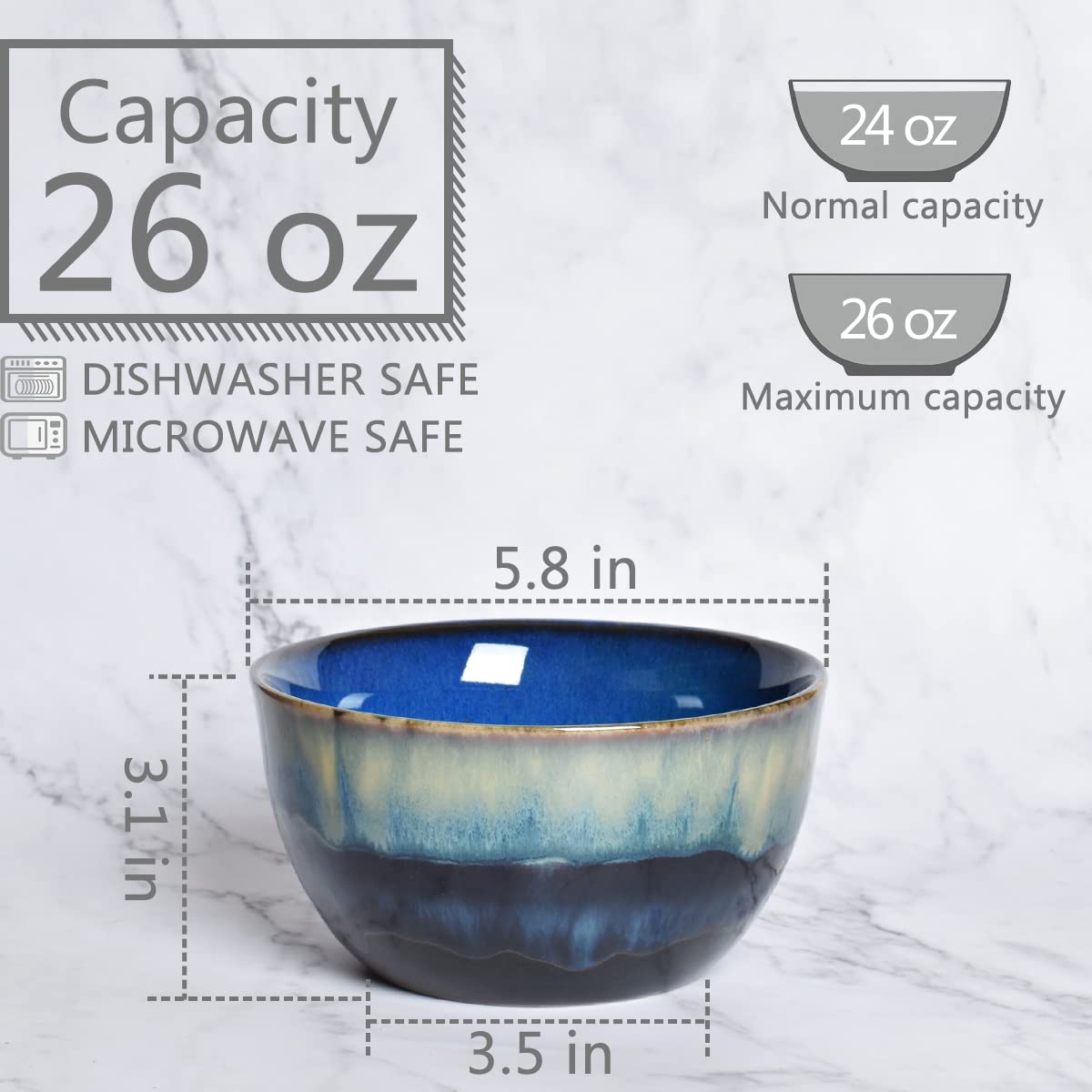 Blue Stoneware Cereal Bowls Set of 4, 26 Oz B5662