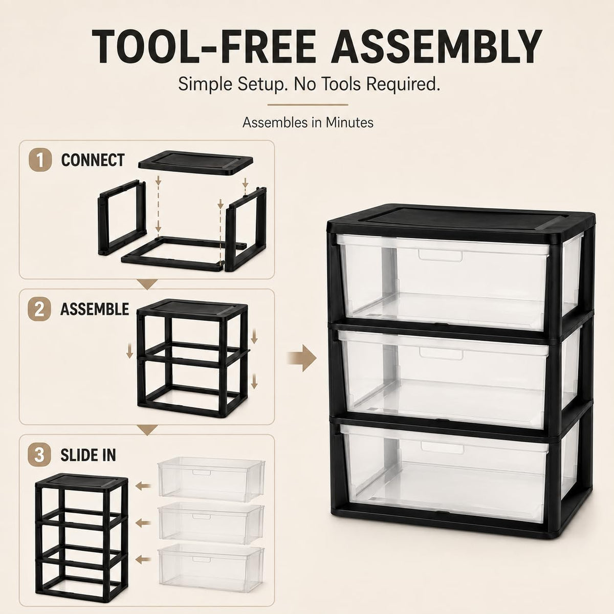 Plastic 3 Drawer Storage Tower with Clear Removable Bins V38987