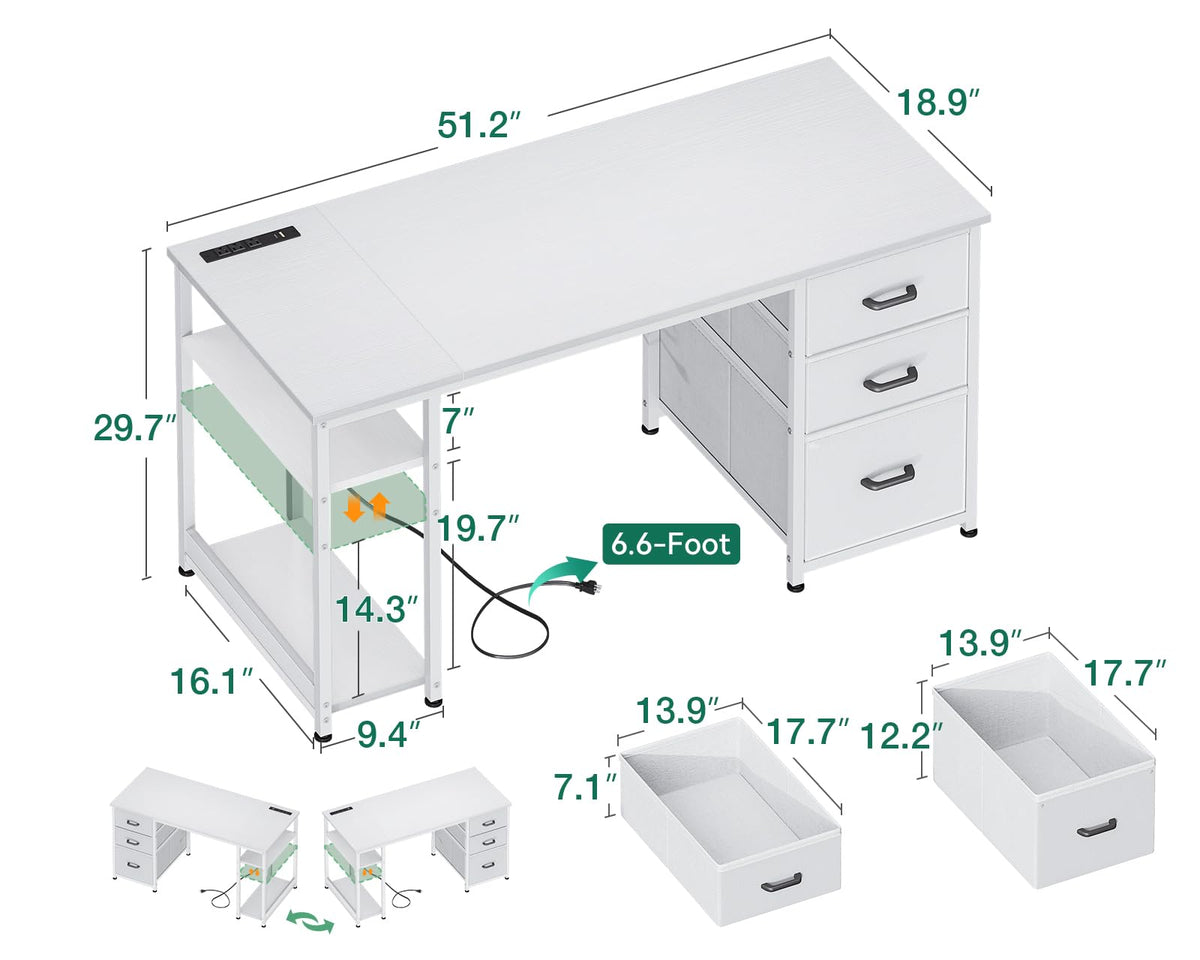 51 Inch White Computer Desk with Drawers H811