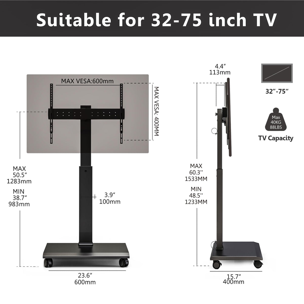 Rolling TV Stand with Rotation Function for 32-75 Inch TVs, Black T77733