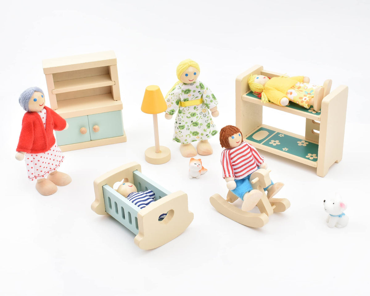Wooden Dollhouse Dolls Family Set of 8 Miniature Figures and 2 Pets D2759