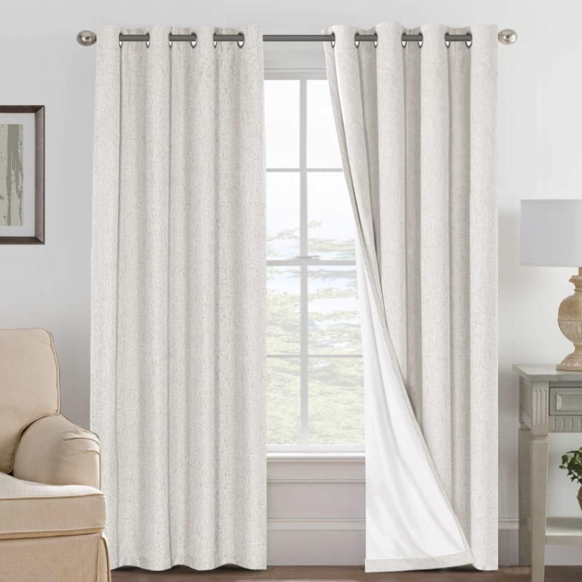 100% Blackout Linen Curtains 84" L 2 Panels Ivory P674