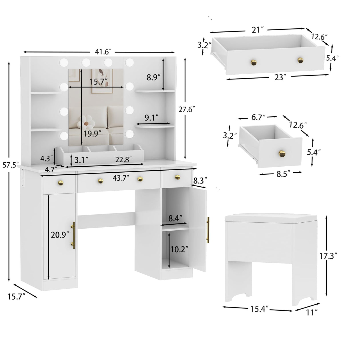 White Vanity Desk with Mirror and Lights, Charging Station, Stool, 3 Drawers and Cabinets P211114