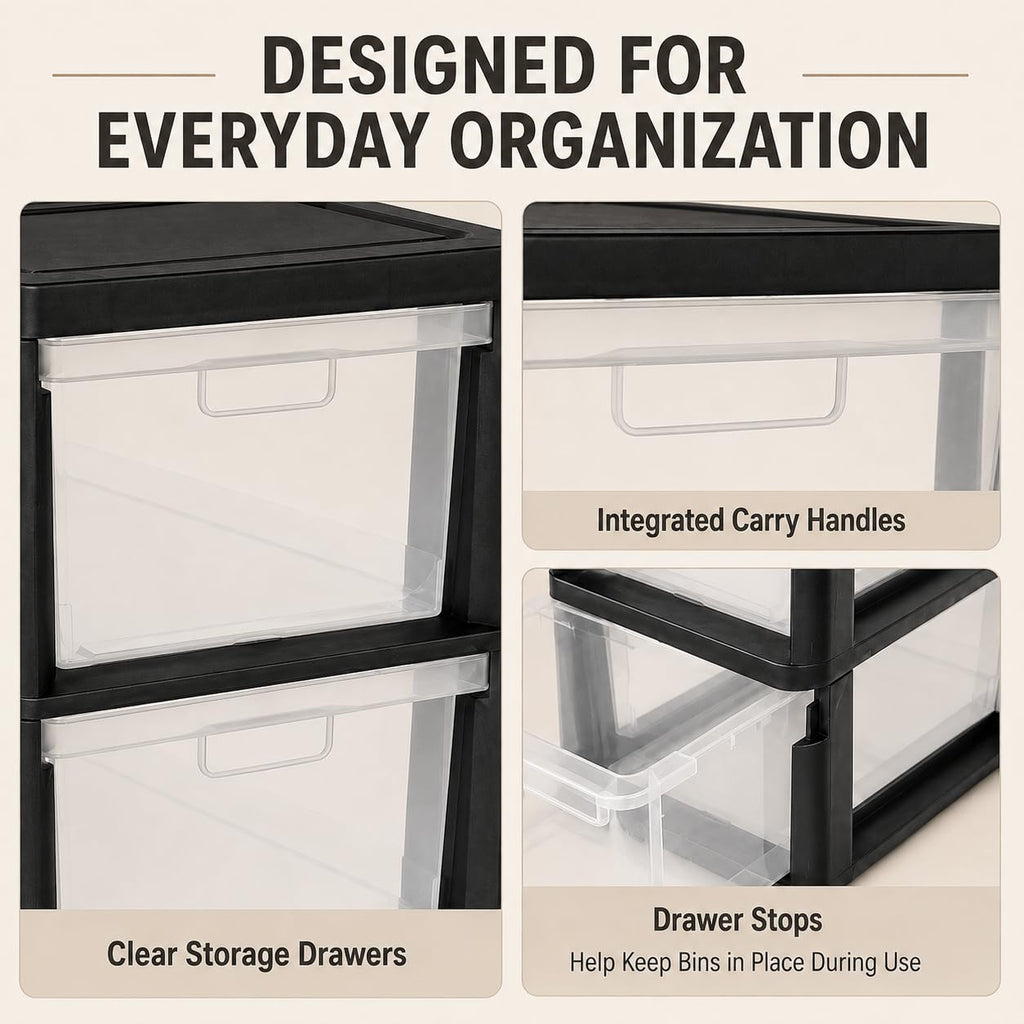 Plastic 3 Drawer Storage Tower with Clear Removable Bins V38987