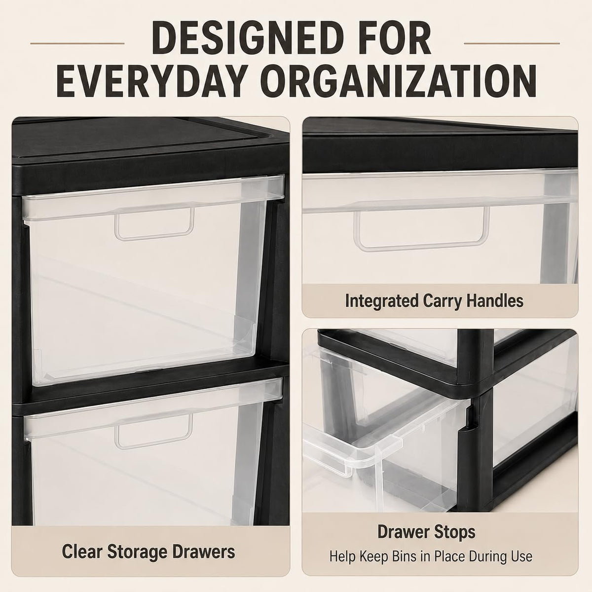 Plastic 3 Drawer Storage Tower with Clear Removable Bins V38987