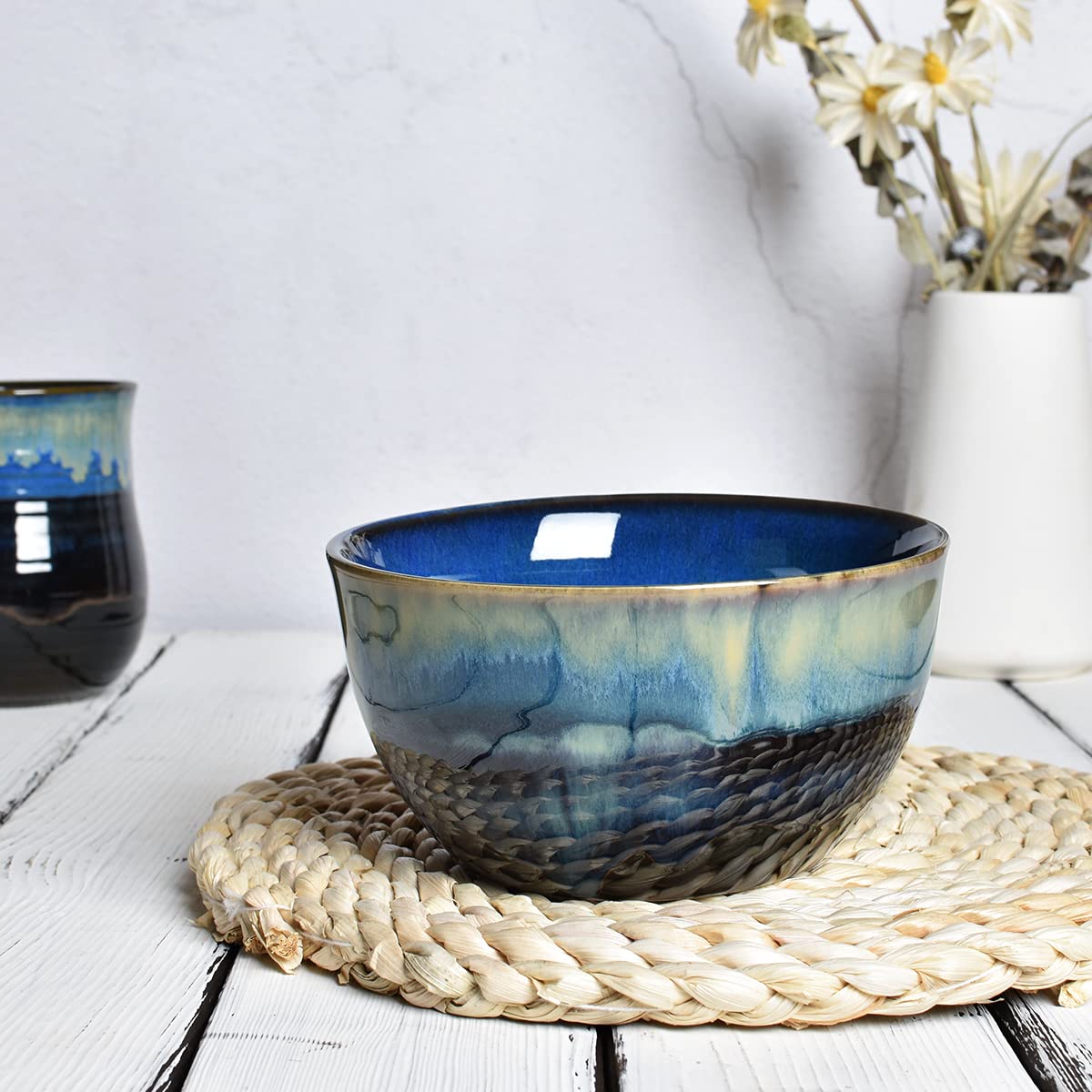 Blue Stoneware Cereal Bowls Set of 4, 26 Oz B5662