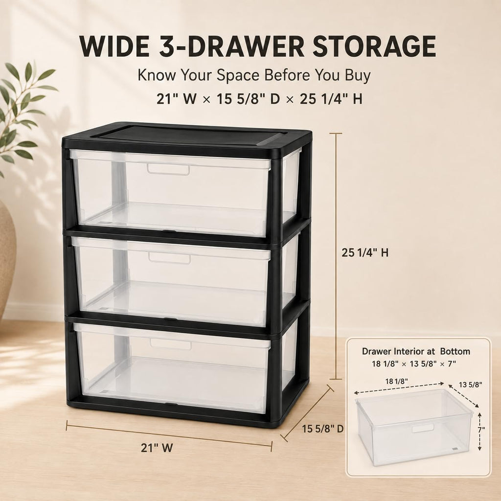 Plastic 3 Drawer Storage Tower with Clear Removable Bins V38987