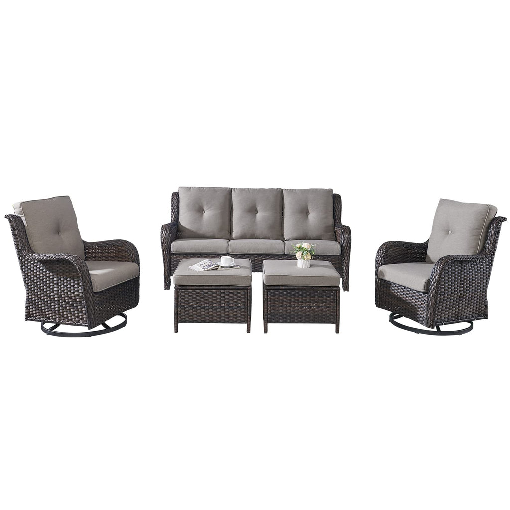 5 Piece Rattan Wicker Patio Furniture Set with Swivel Rocker Chairs Ottomans and Sofa E9921