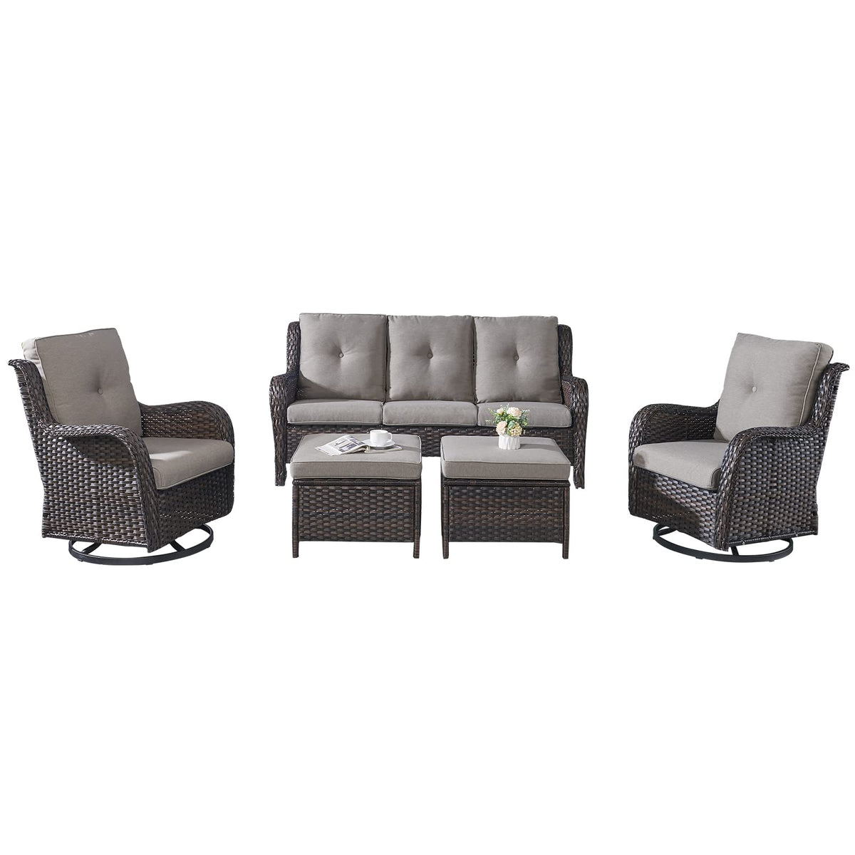 5 Piece Rattan Wicker Patio Furniture Set with Swivel Rocker Chairs Ottomans and Sofa E9921