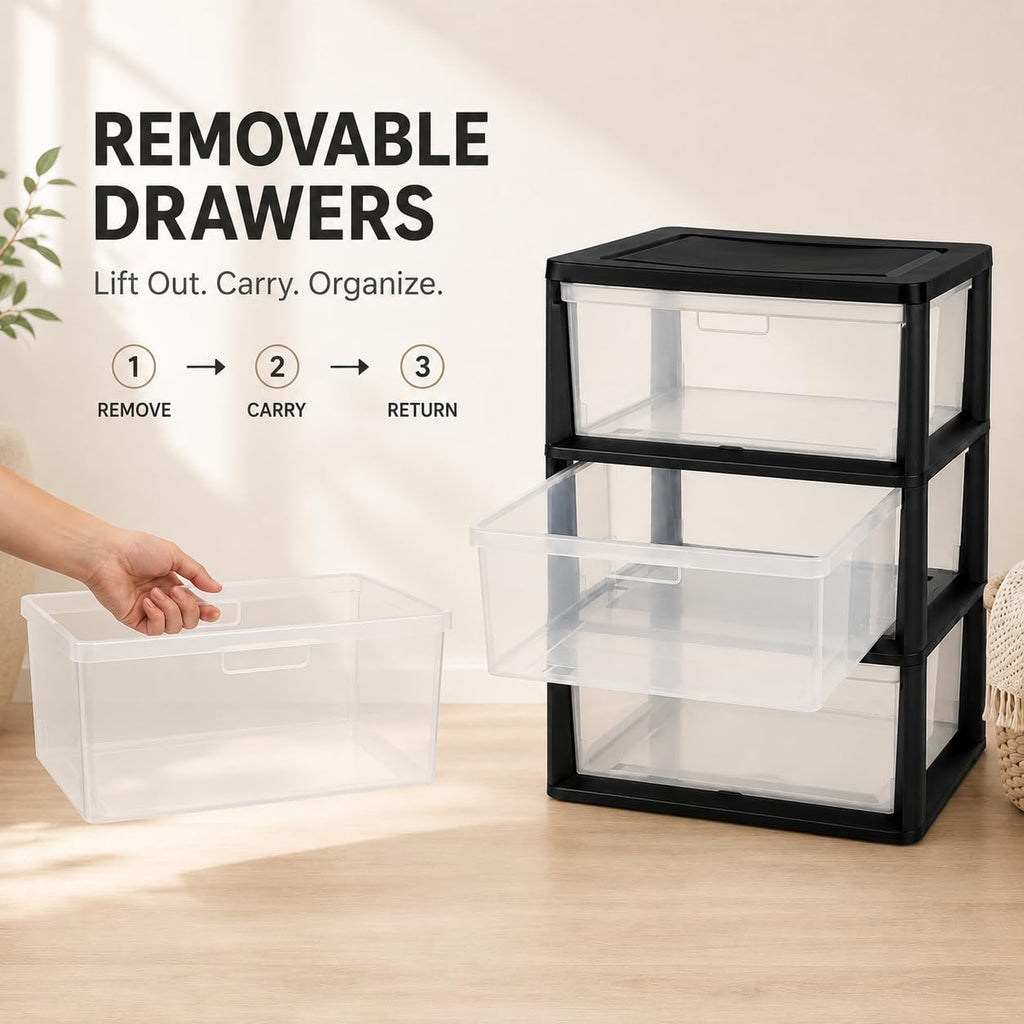 Plastic 3 Drawer Storage Tower with Clear Removable Bins V38987
