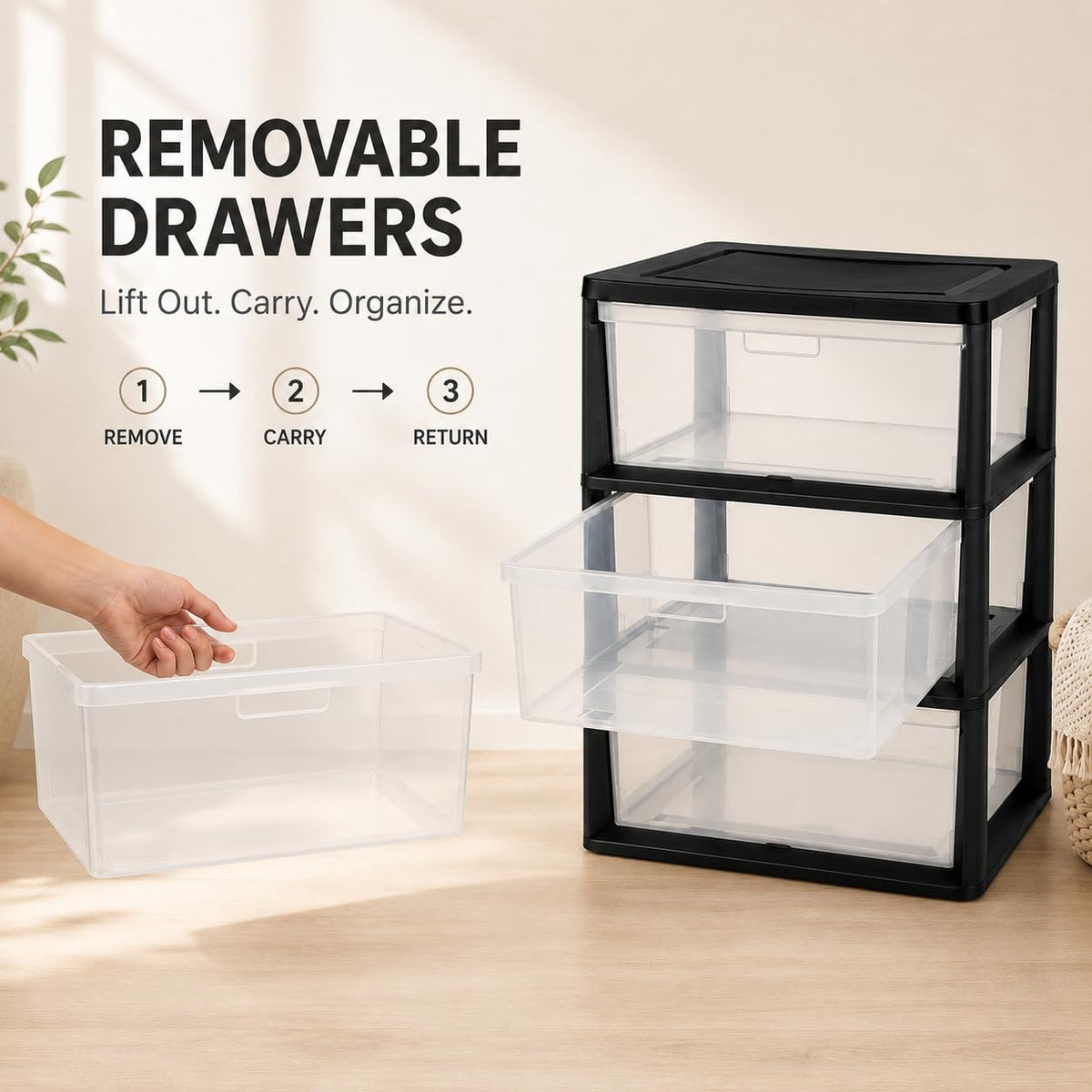 Plastic 3 Drawer Storage Tower with Clear Removable Bins V38987