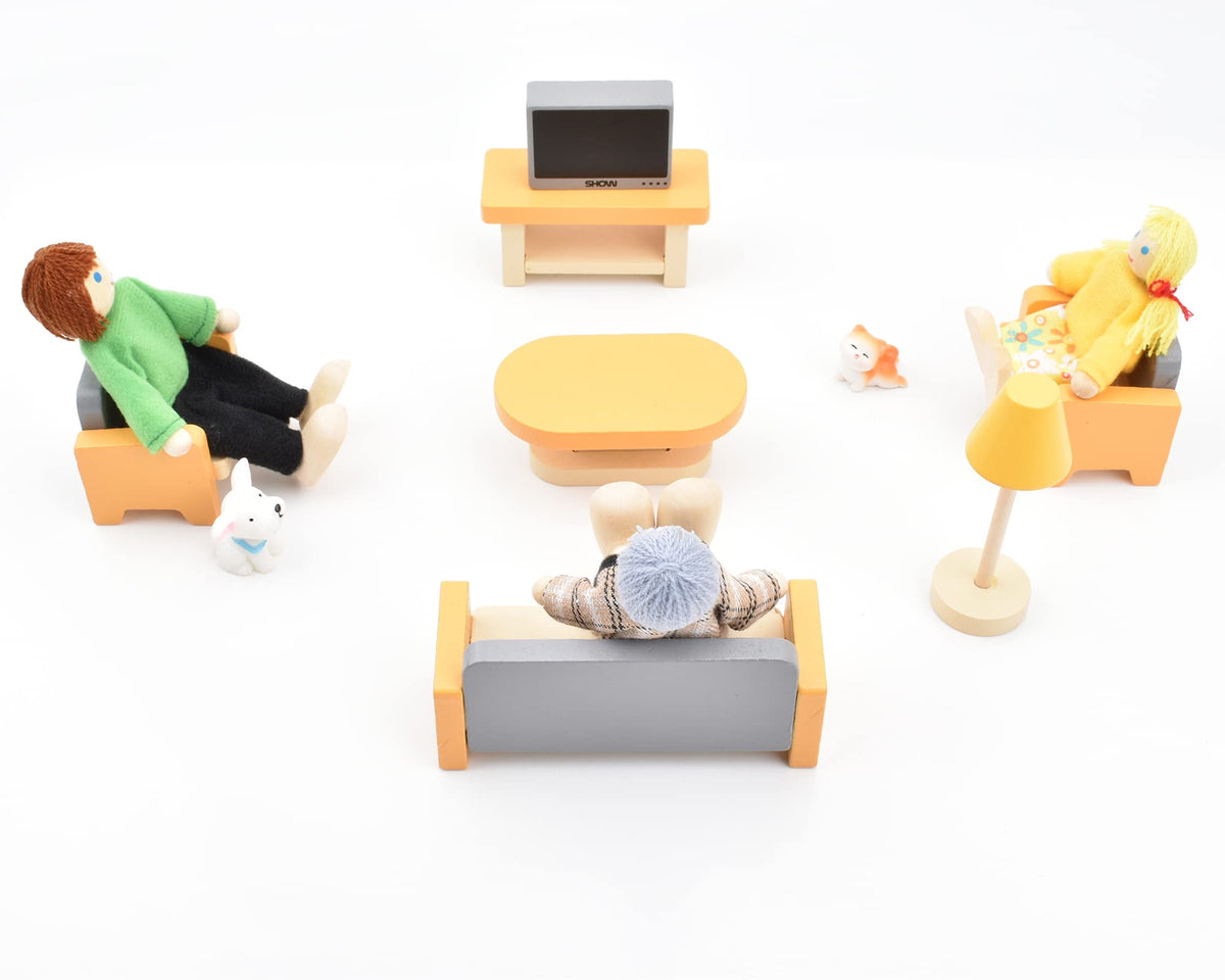 Wooden Dollhouse Dolls Family Set of 8 Miniature Figures and 2 Pets D2759
