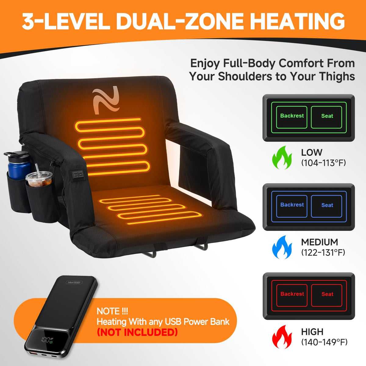 Wide Heated Stadium Seat with Back Support & Cushion M3255