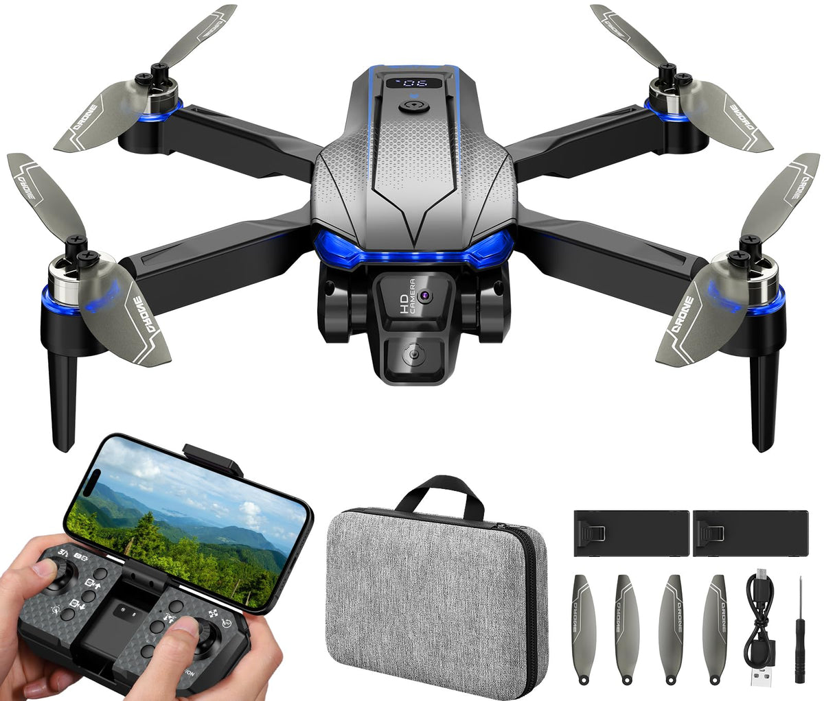 Foldable Mini FPV Drone with 1080P Camera, Carrying Case, 2 Batteries E1858