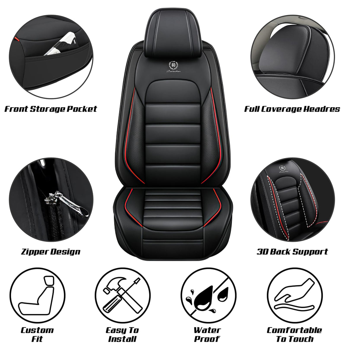 Waterproof Nappa Leather Car Seat Covers Standard 5 Seats Black & Red N941