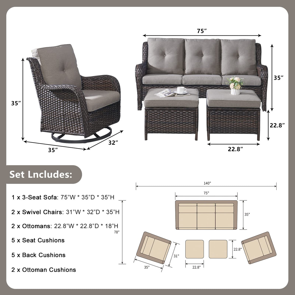 5 Piece Rattan Wicker Patio Furniture Set with Swivel Rocker Chairs Ottomans and Sofa E9921