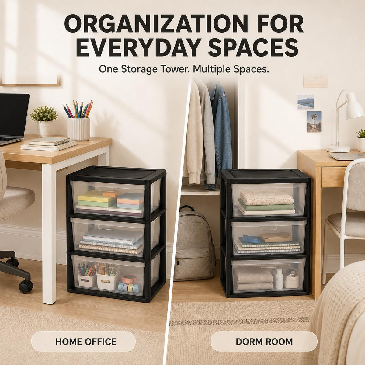 Plastic 3 Drawer Storage Tower with Clear Removable Bins V38987