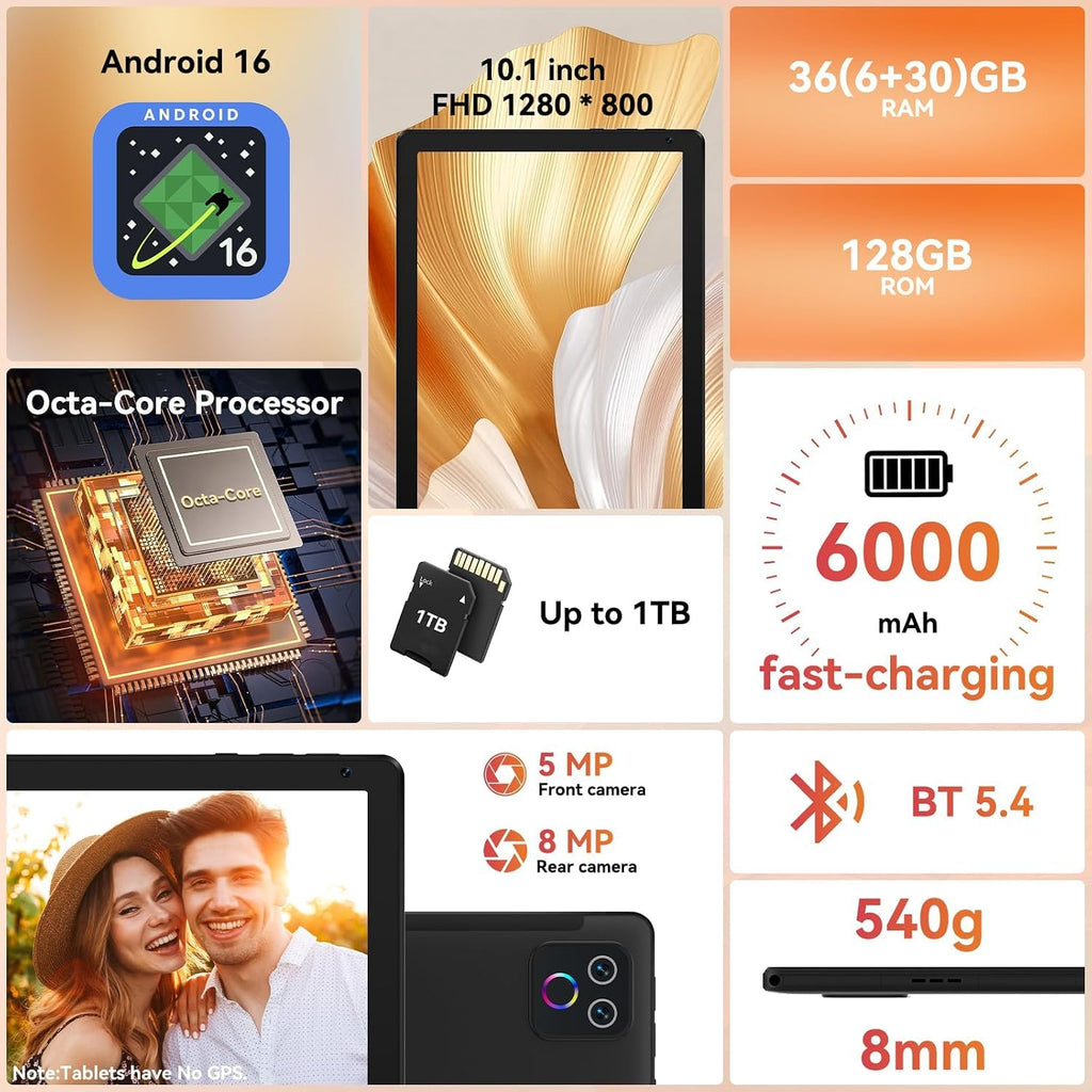 10.1" Android 16 Tablet Octa-core 36GB+128GB Dual Camera Y36472