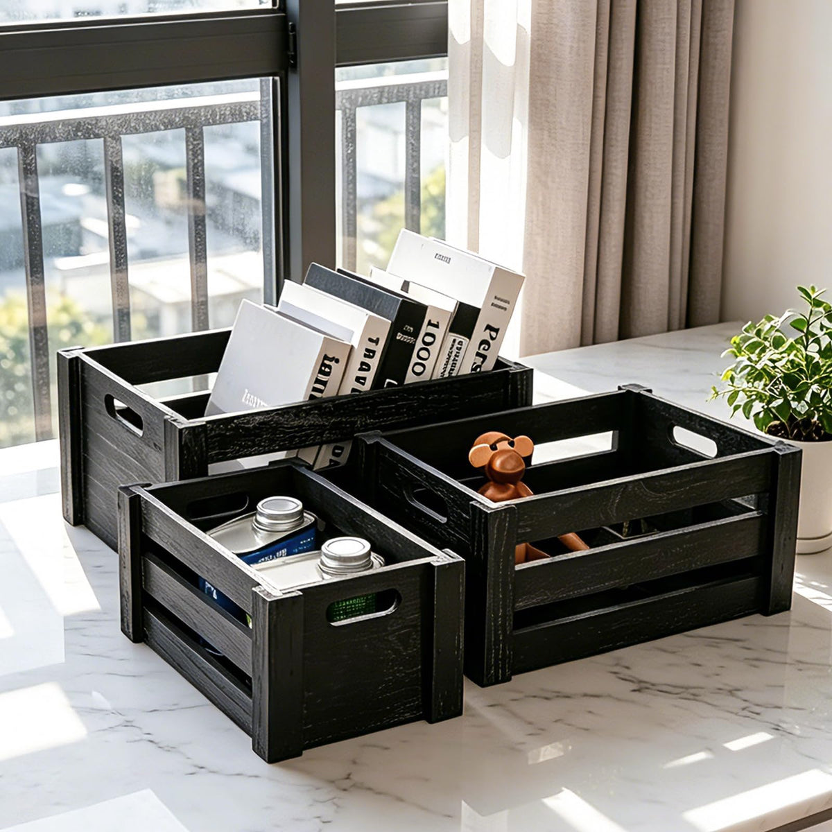 Set of 3 Nesting Wooden Crates with Handles N74679