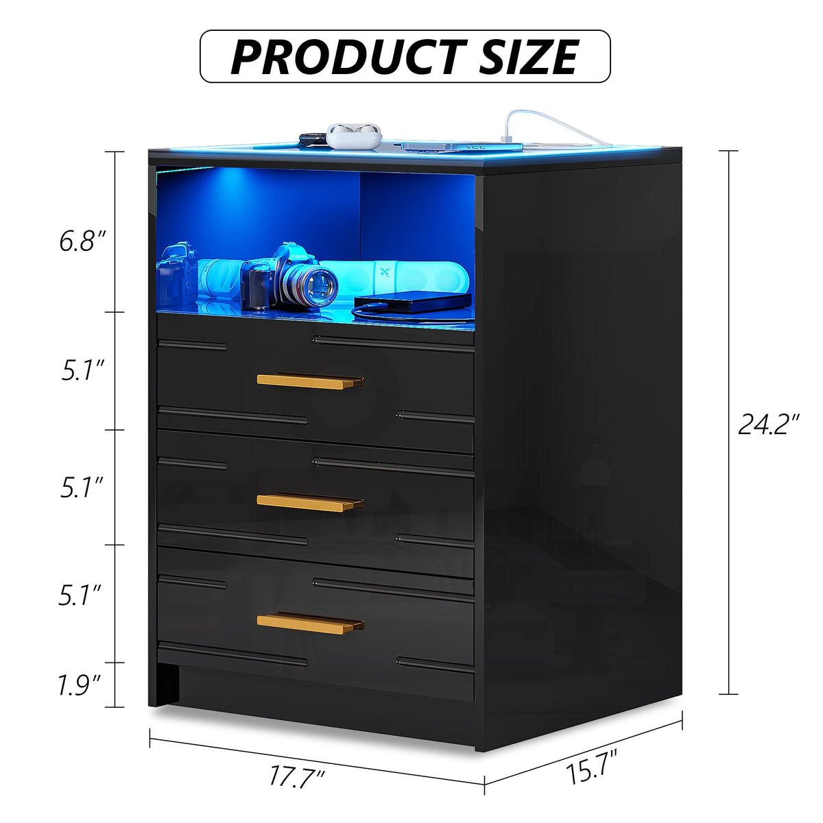 Black High Gloss Nightstand with Wireless Charging Station U8441