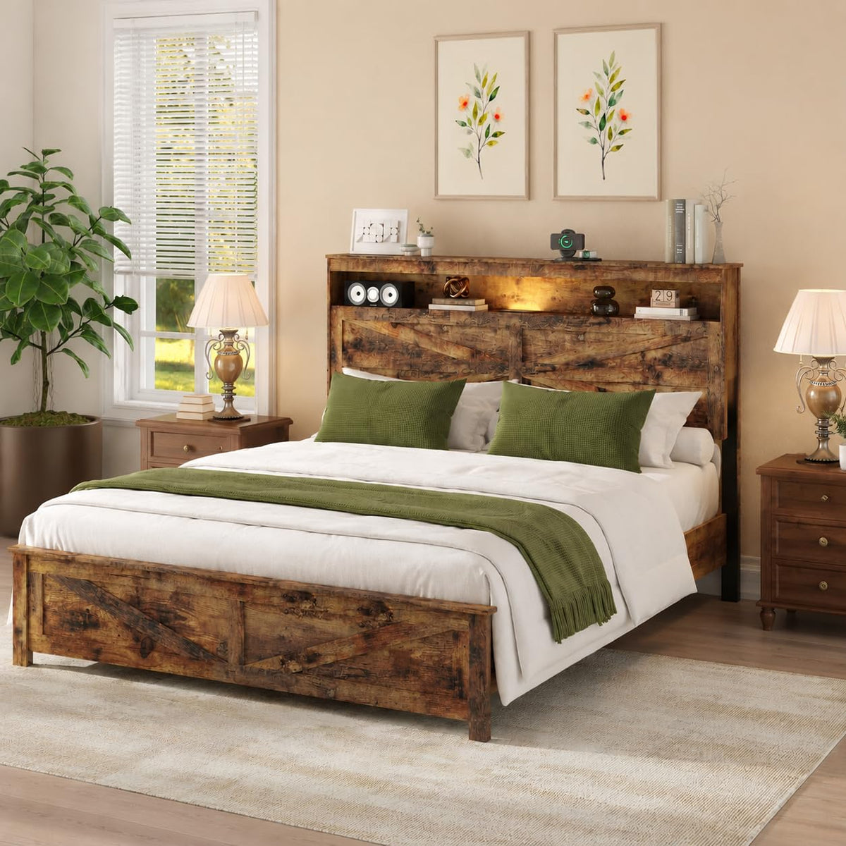 King Size Wood Platform Bed Frame with Headboard Storage Shelf X3724