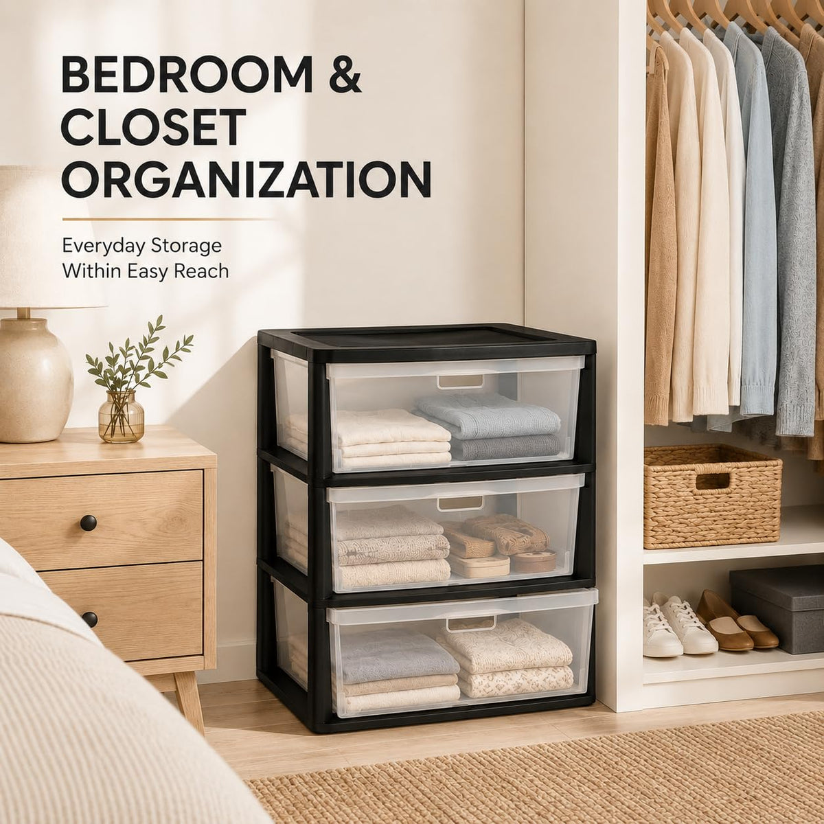 Plastic 3 Drawer Storage Tower with Clear Removable Bins V38987