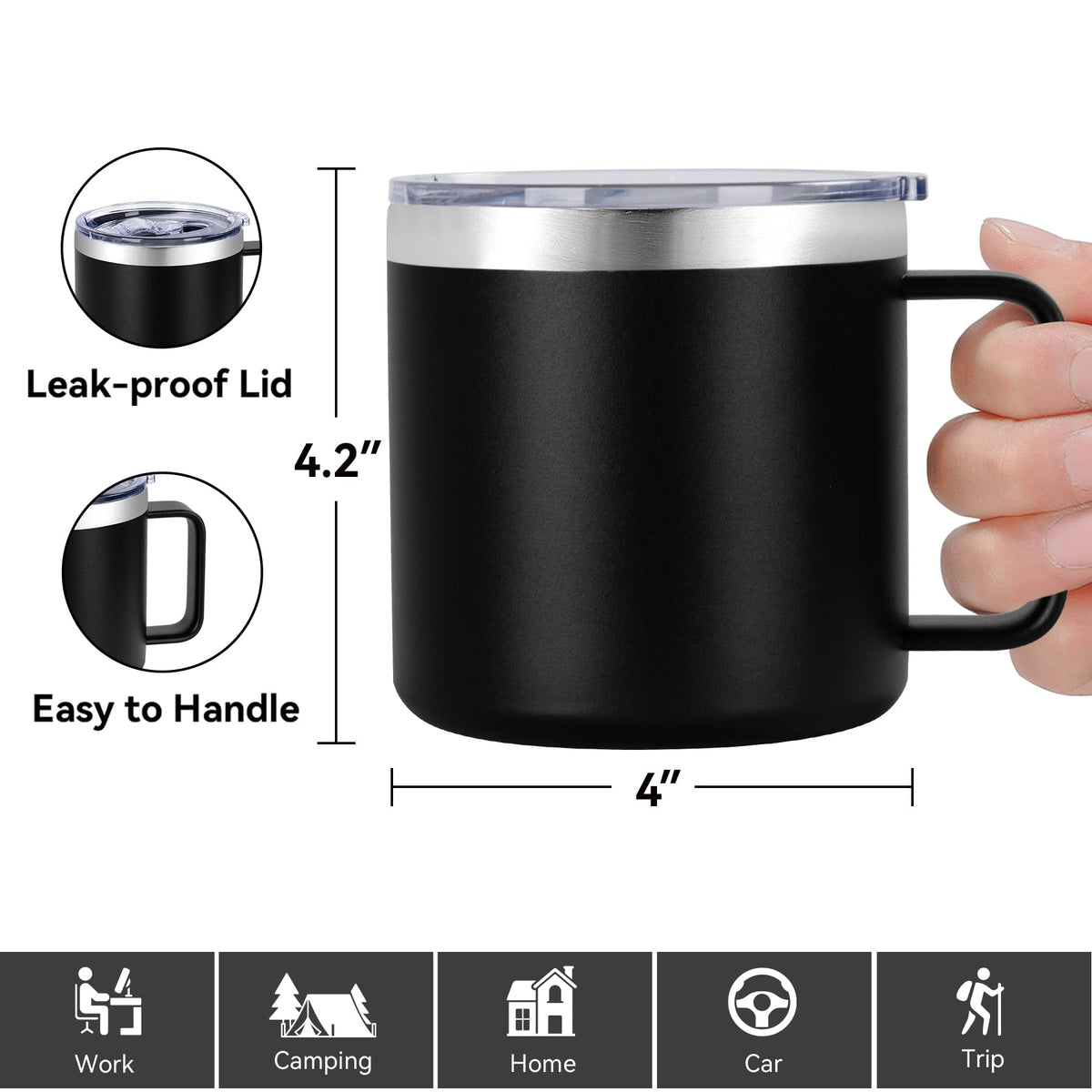 14 oz Insulated Stainless Steel Travel Coffee Mug with Handle and Lid H689