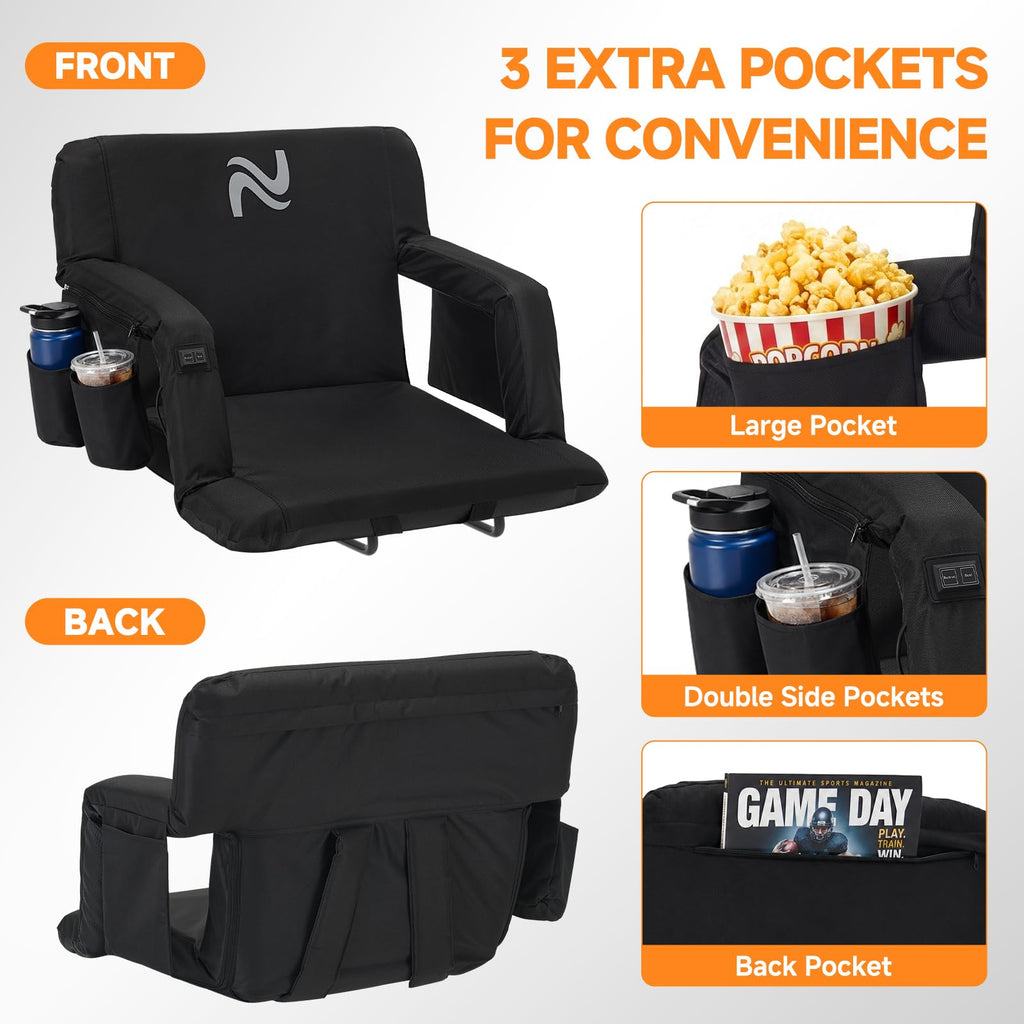 Wide Heated Stadium Seat with Back Support & Cushion M3255