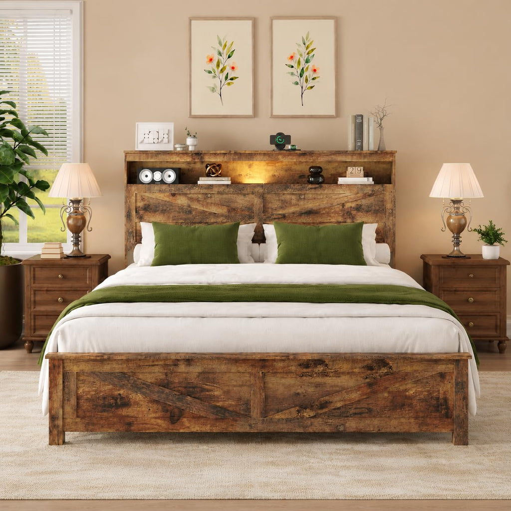 King Size Wood Platform Bed Frame with Headboard Storage Shelf X3724