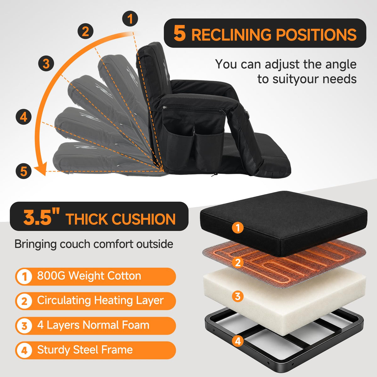 Wide Heated Stadium Seat with Back Support & Cushion M3255