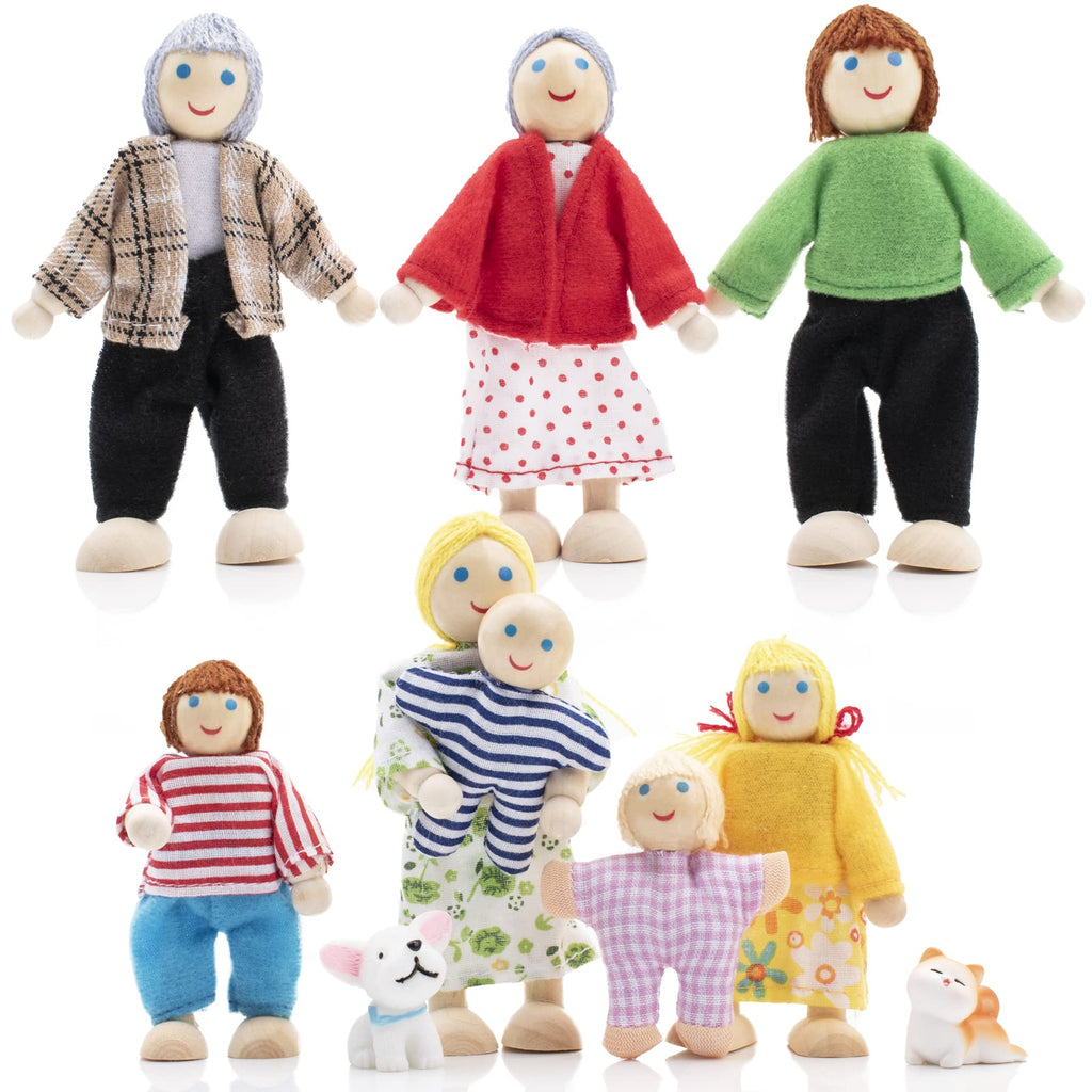 Wooden Dollhouse Dolls Family Set of 8 Miniature Figures and 2 Pets D2759