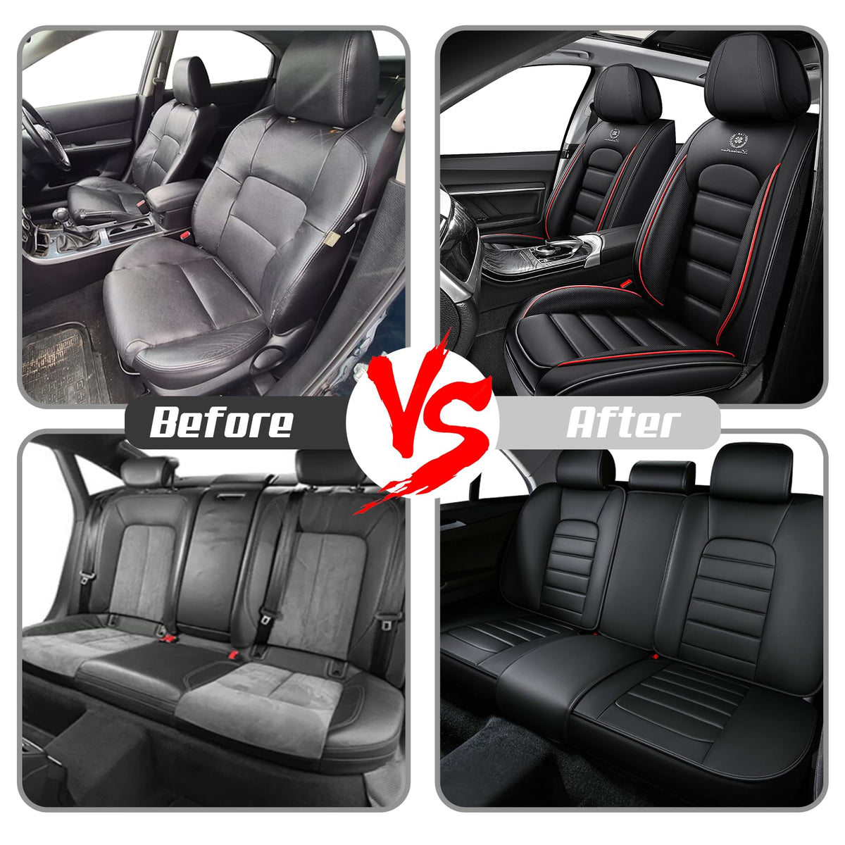 Waterproof Nappa Leather Car Seat Covers Standard 5 Seats Black & Red N941