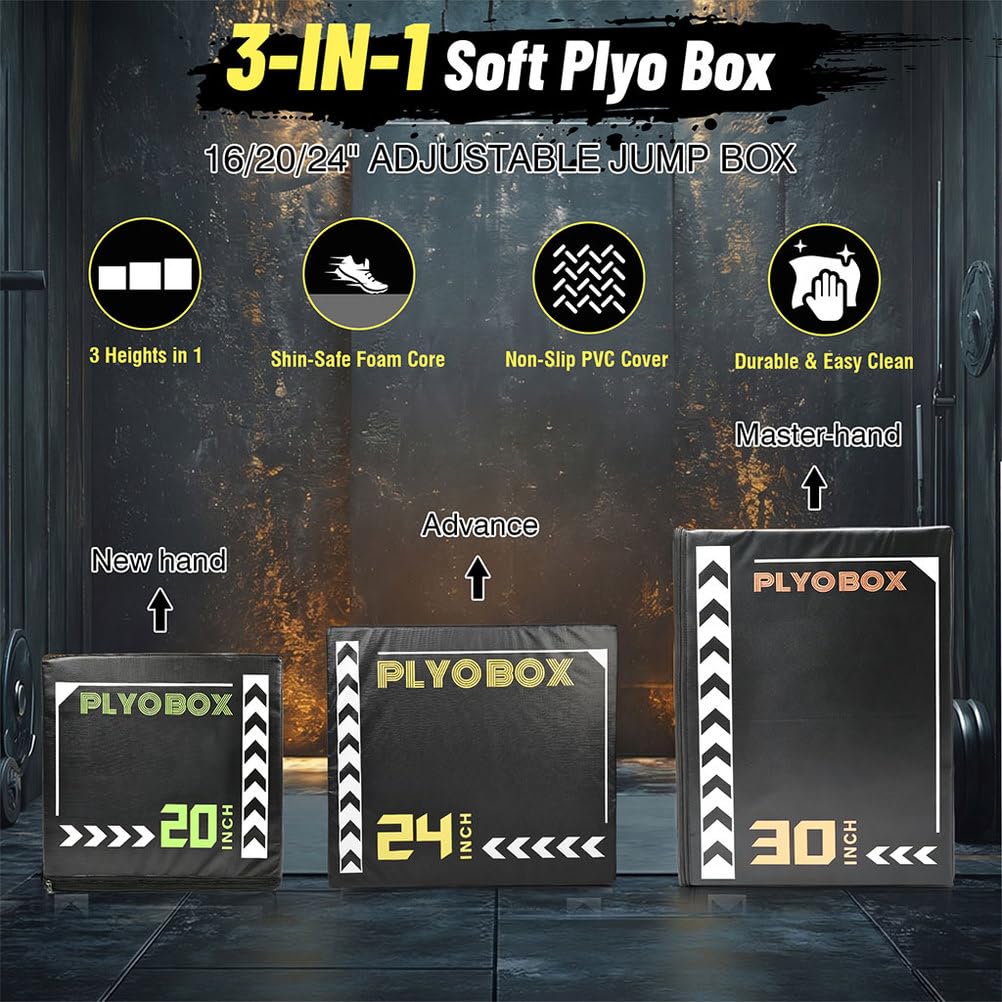 3-in-1 Foam Plyometric Jump Box, 20/24/30 Inch Plyo Box with Non-Slip PVC Cover F568