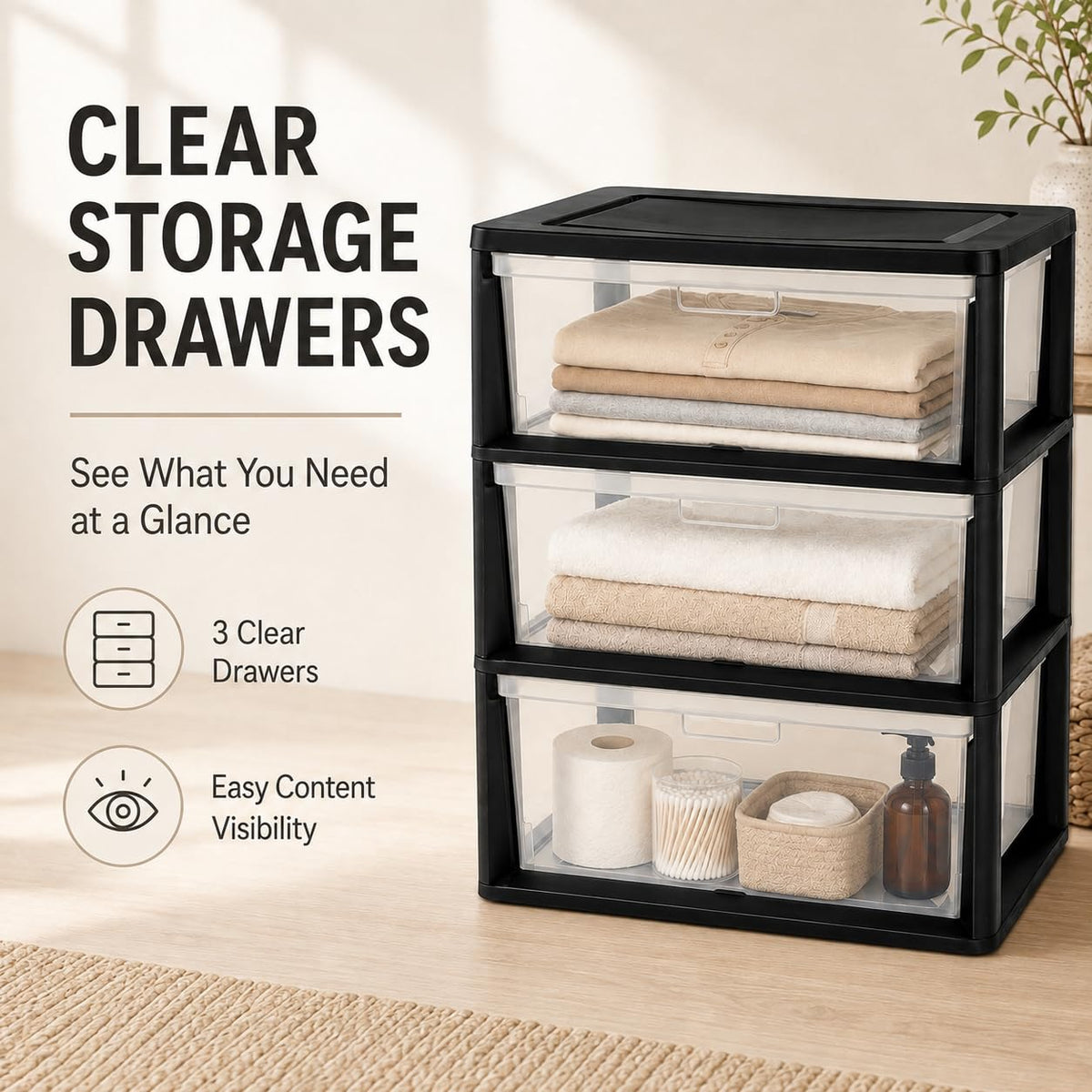Plastic 3 Drawer Storage Tower with Clear Removable Bins V38987