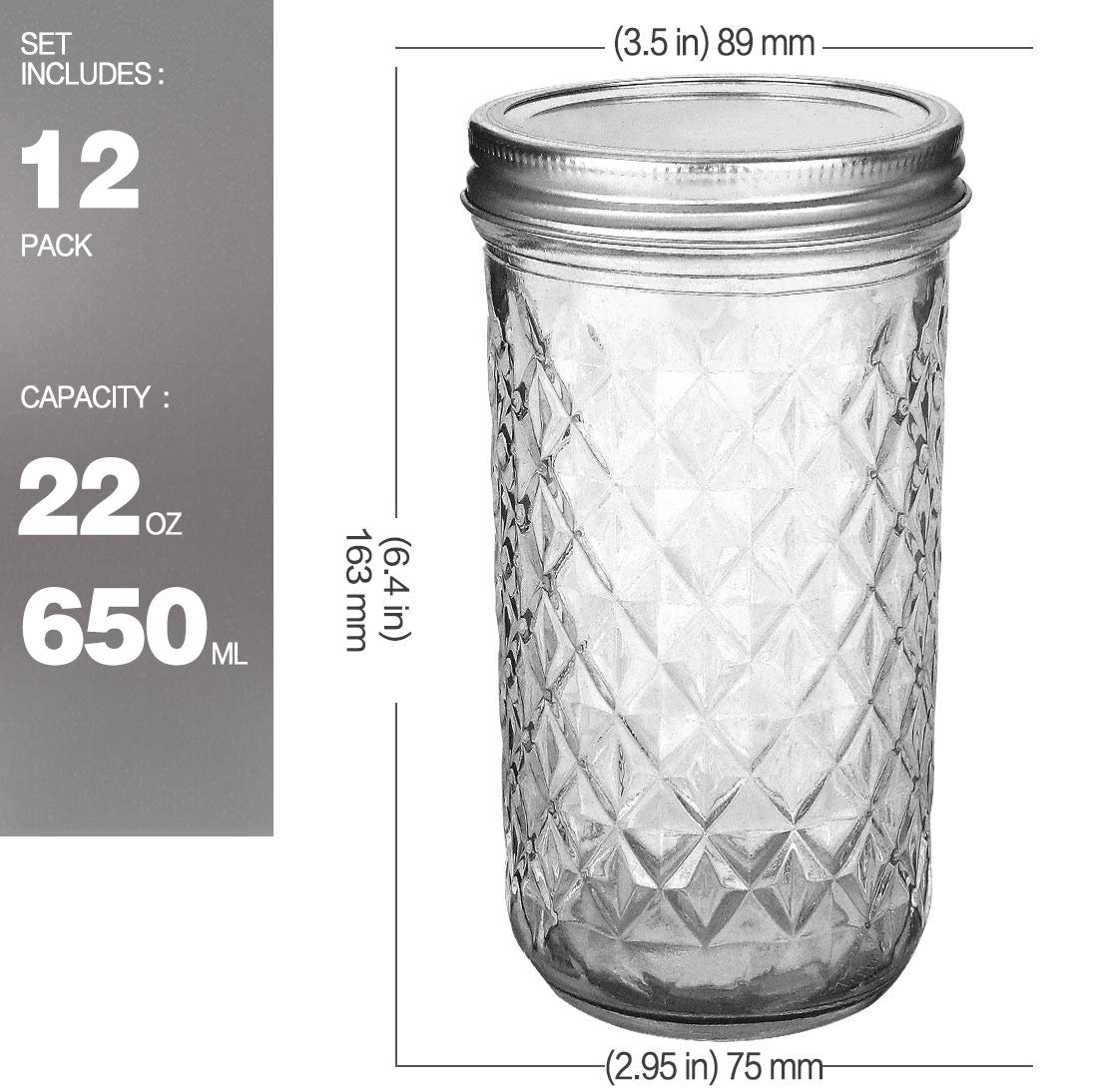 22 oz Wide Mouth Mason Jars with Lids and Bands C372