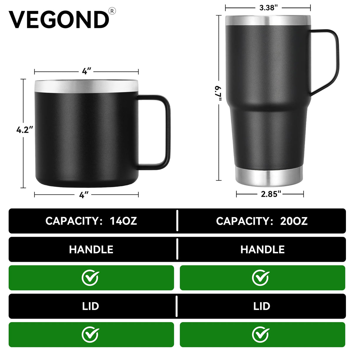 14 oz Insulated Stainless Steel Travel Coffee Mug with Handle and Lid H689