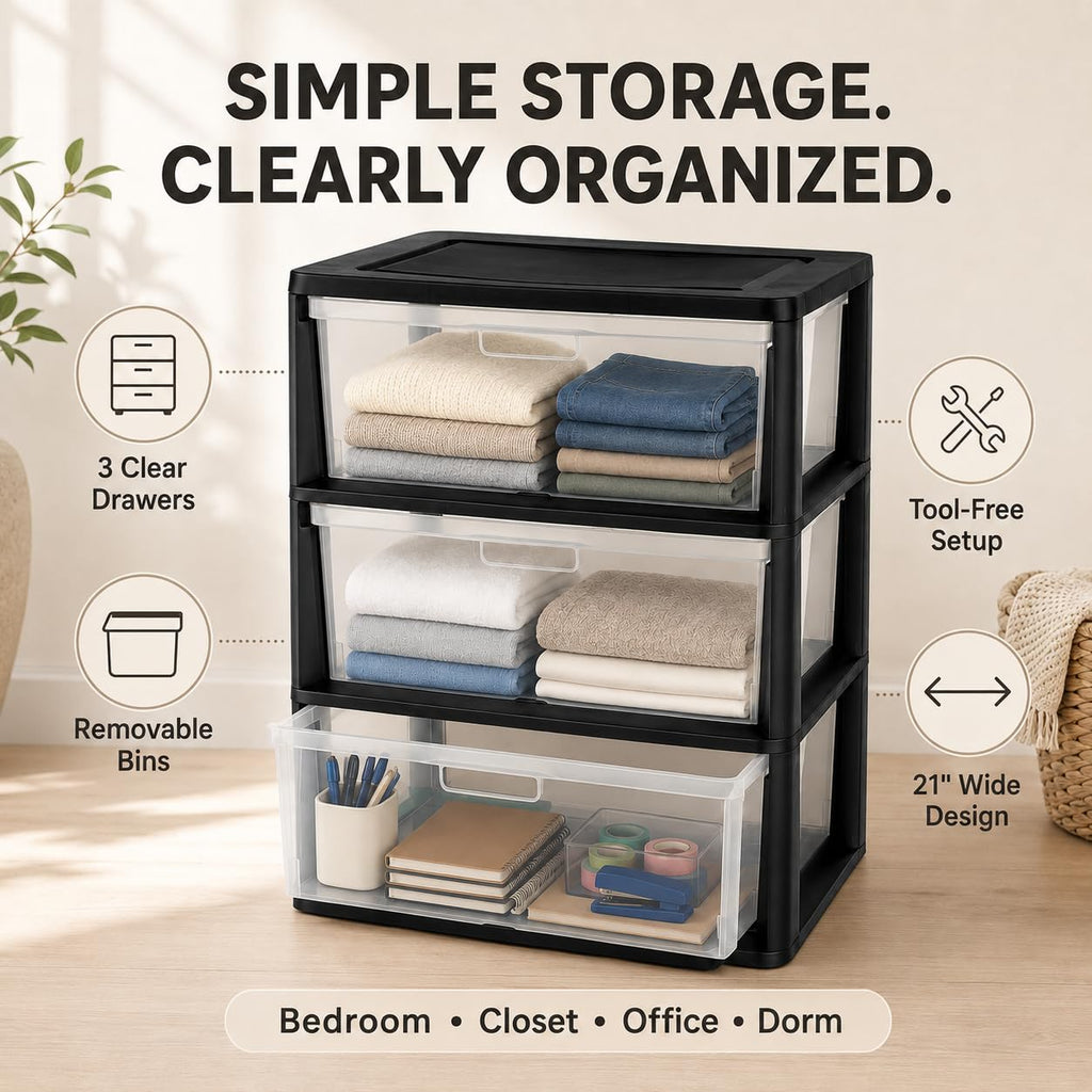 Plastic 3 Drawer Storage Tower with Clear Removable Bins V38987