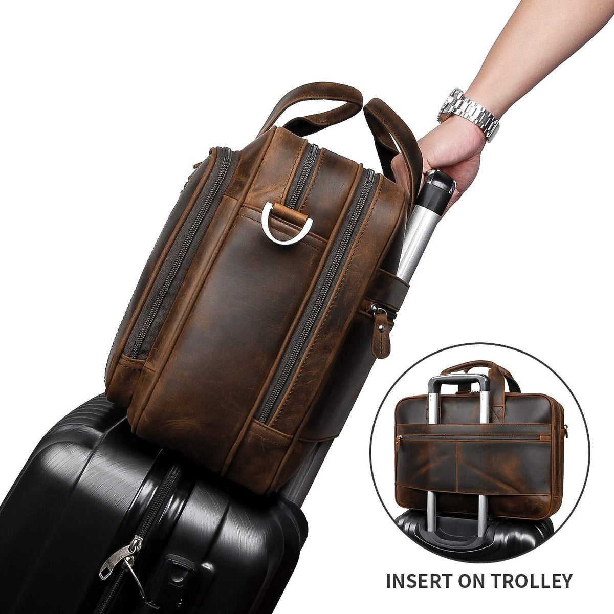 Leather 16" Laptop Briefcase with Luggage Strap C861