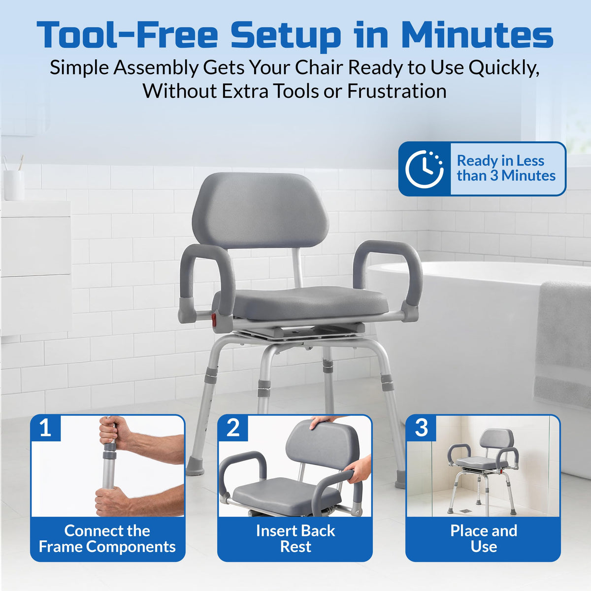 Gray Pivoting Shower Chair with Padded Back and Arms U1397