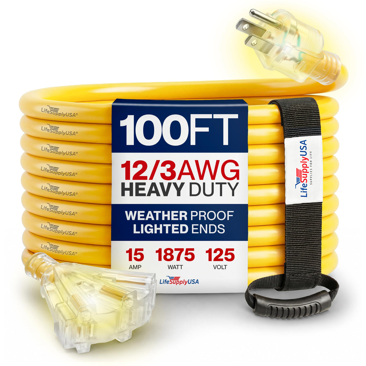 100ft 3-Outlet 12/3 Gauge Heavy Duty SJTW Extension Cord J87210