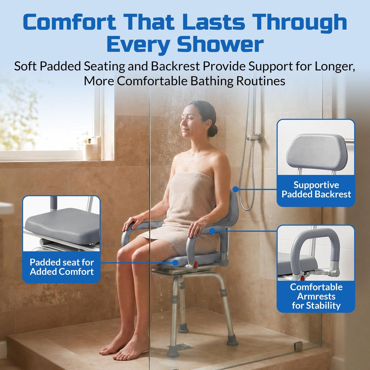 Gray Pivoting Shower Chair with Padded Back and Arms U1397