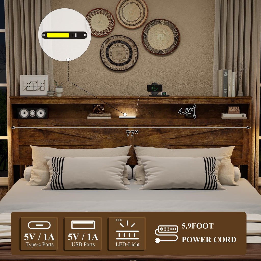 King Size Wood Platform Bed Frame with Headboard Storage Shelf X3724