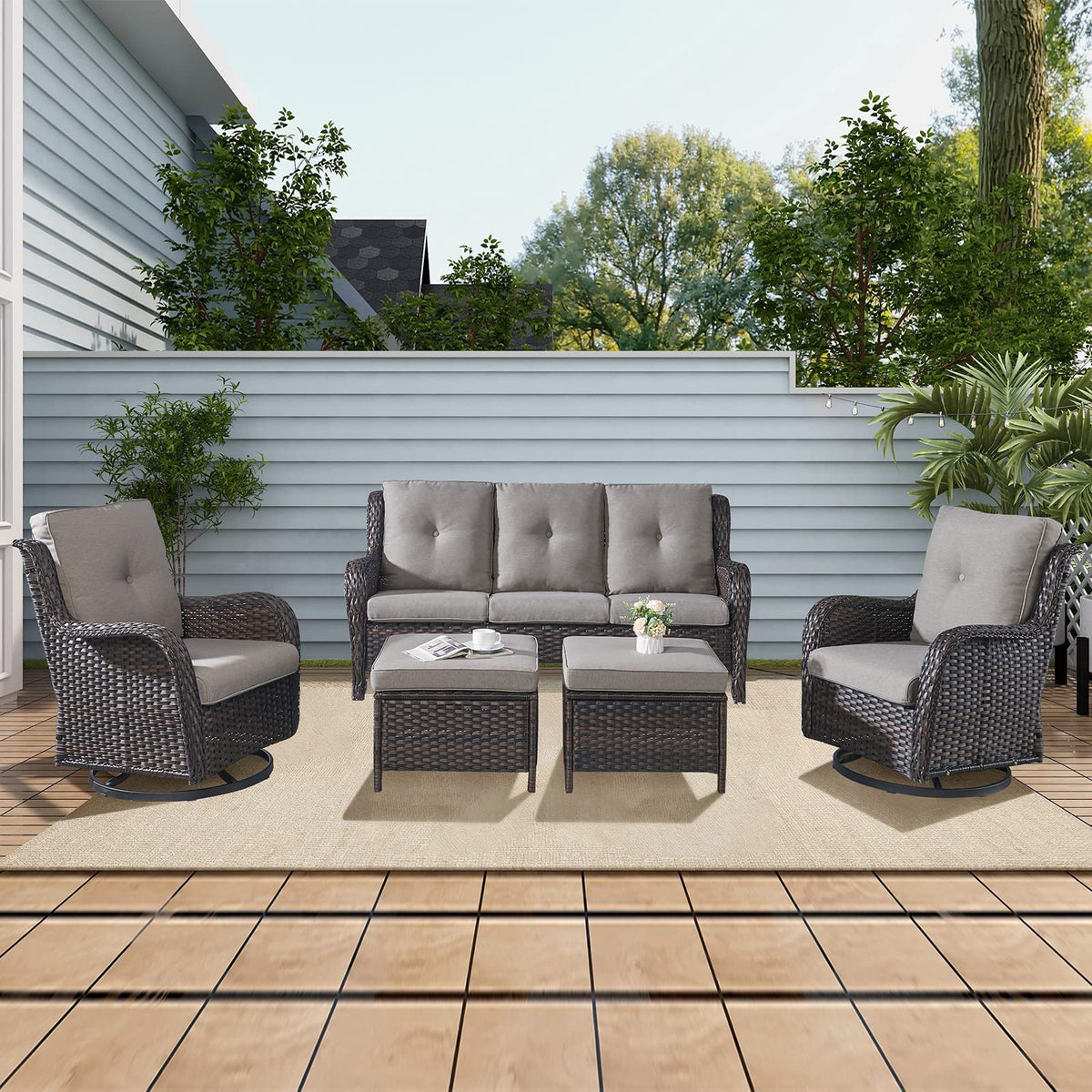 5 Piece Rattan Wicker Patio Furniture Set with Swivel Rocker Chairs Ottomans and Sofa E9921