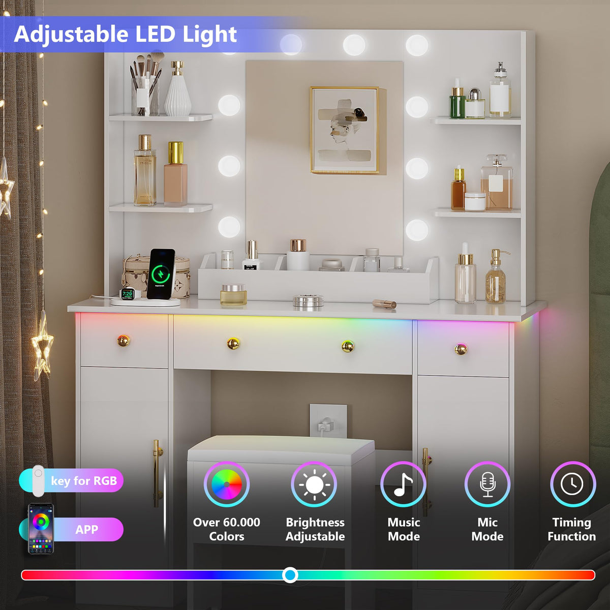 White Vanity Desk with Mirror and Lights, Charging Station, Stool, 3 Drawers and Cabinets P211114