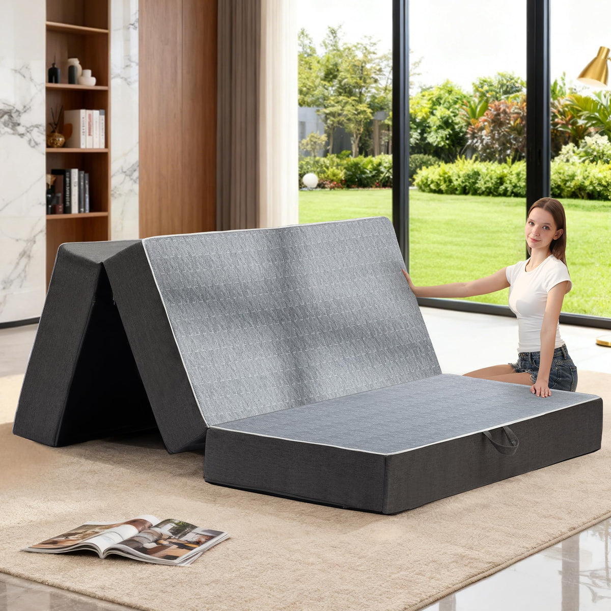 Queen Size 6 Inch Memory Foam Tri Folding Mattress W24322