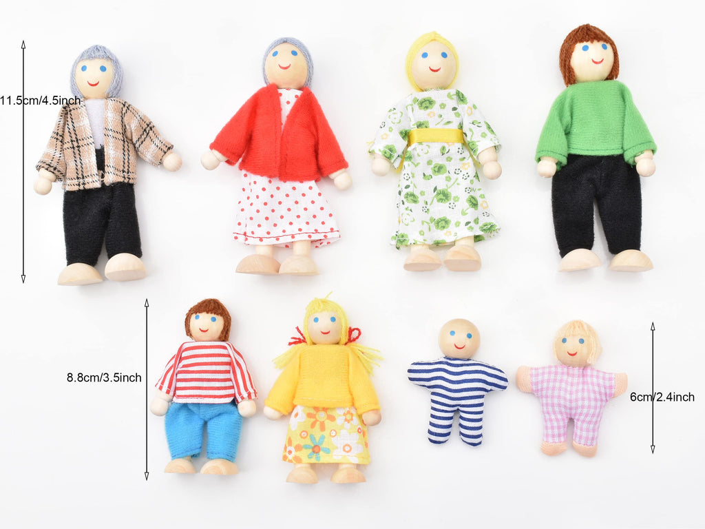 Wooden Dollhouse Dolls Family Set of 8 Miniature Figures and 2 Pets D2759