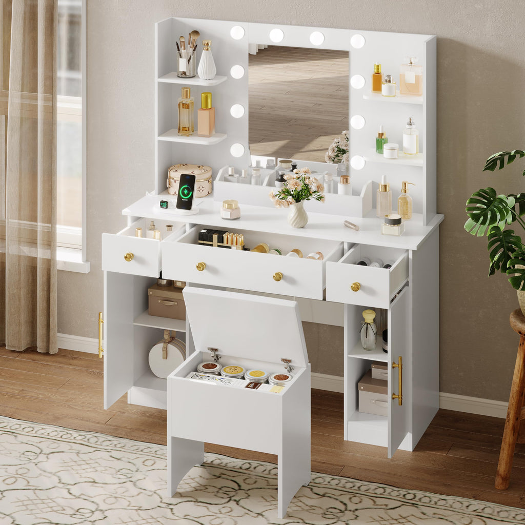 White Vanity Desk with Mirror and Lights, Charging Station, Stool, 3 Drawers and Cabinets P211114