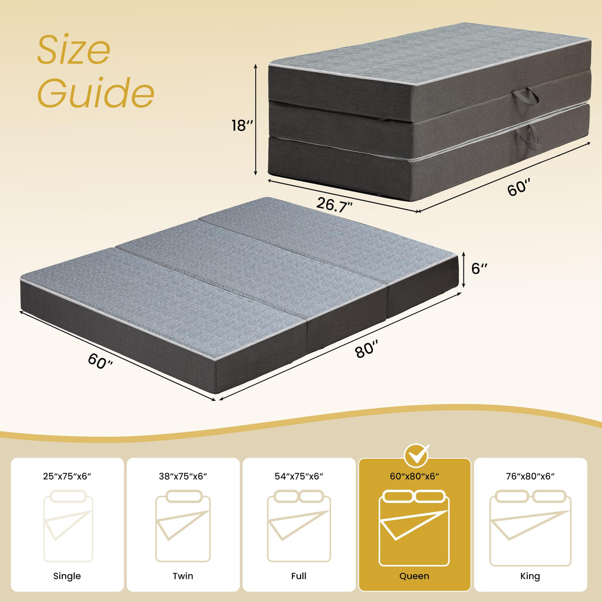 Queen Size 6 Inch Memory Foam Tri Folding Mattress W24322