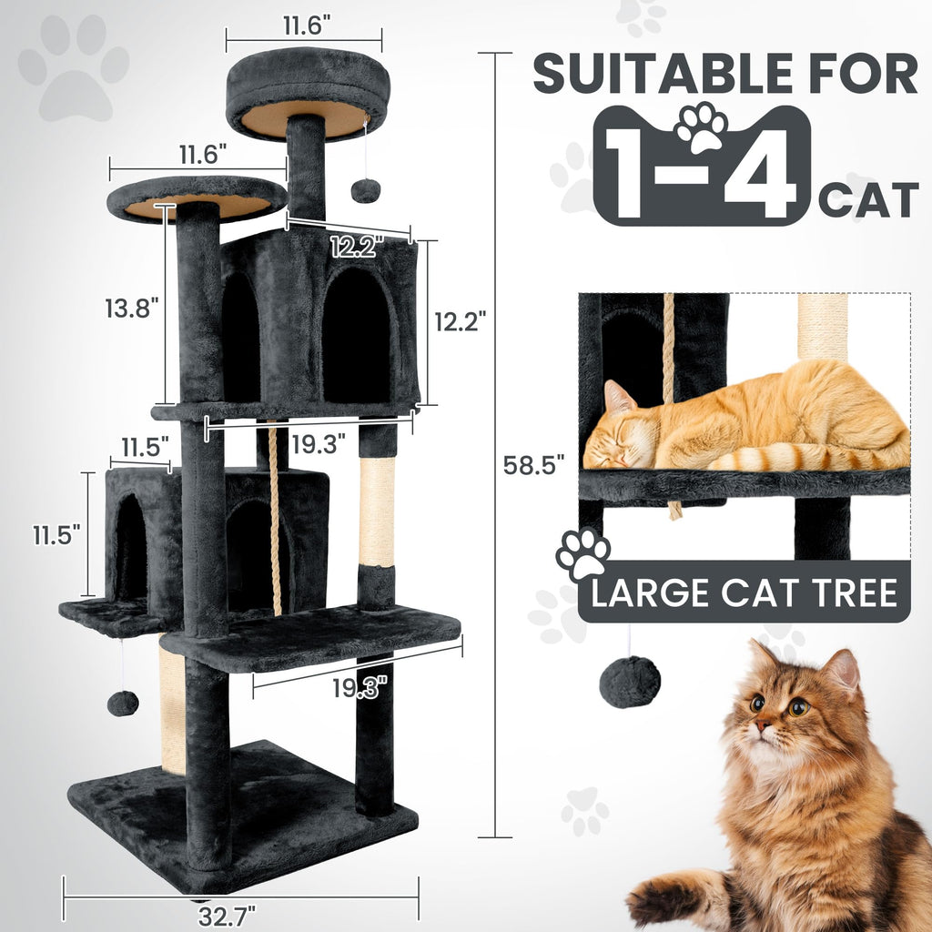 58.5inch Plush Multi-Level Cat Tree Tower with Cat Cave and Scratching Post Y485