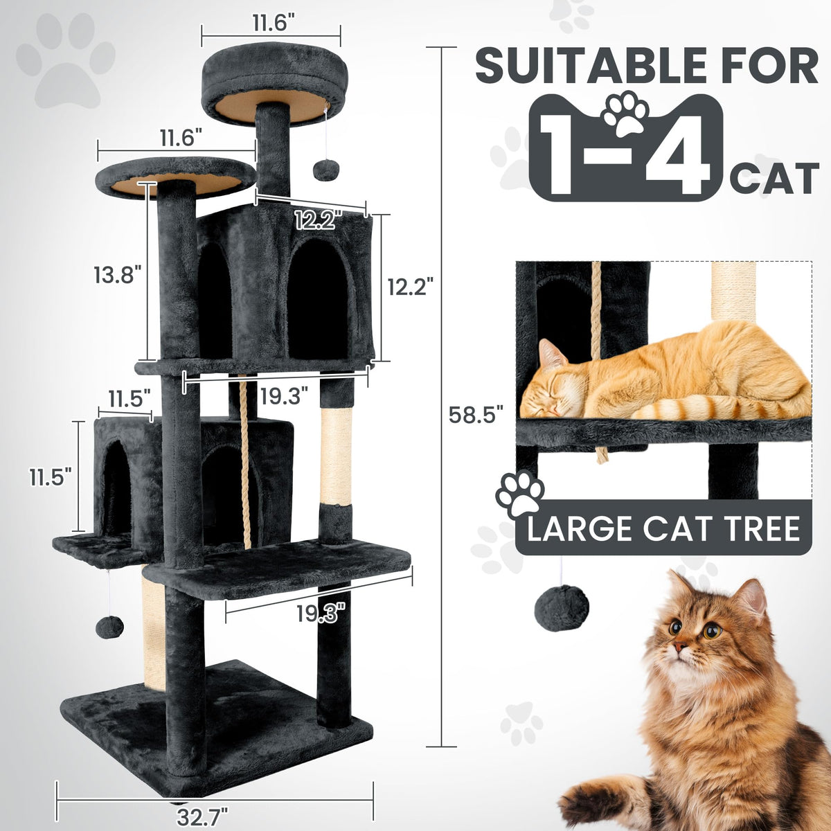 58.5inch Plush Multi-Level Cat Tree Tower with Cat Cave and Scratching Post Y485